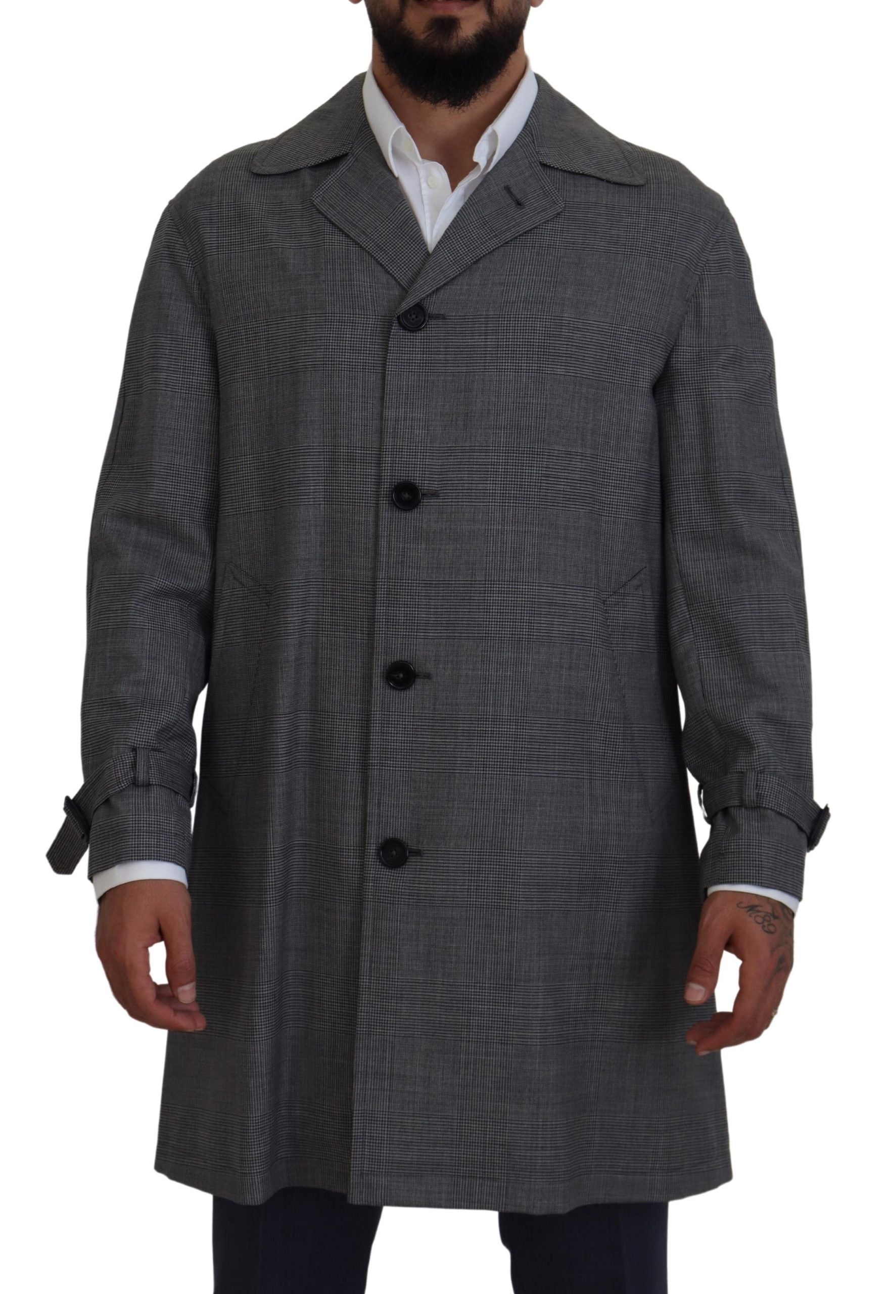 Dolce &amp; Gabbana Graue Wolle Plaid Lange Trenchcoat Jacke Trenchcoat Jacke