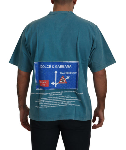 Dolce &amp; Gabbana – Blaues Baumwoll-T-Shirt mit Rundhalsausschnitt und Logo-Print