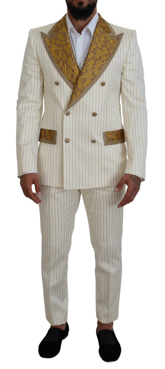 Dolce &amp; Gabbana – Smokinganzug in gebrochenem Weiß und Gold mit Streifen im Slim Fit