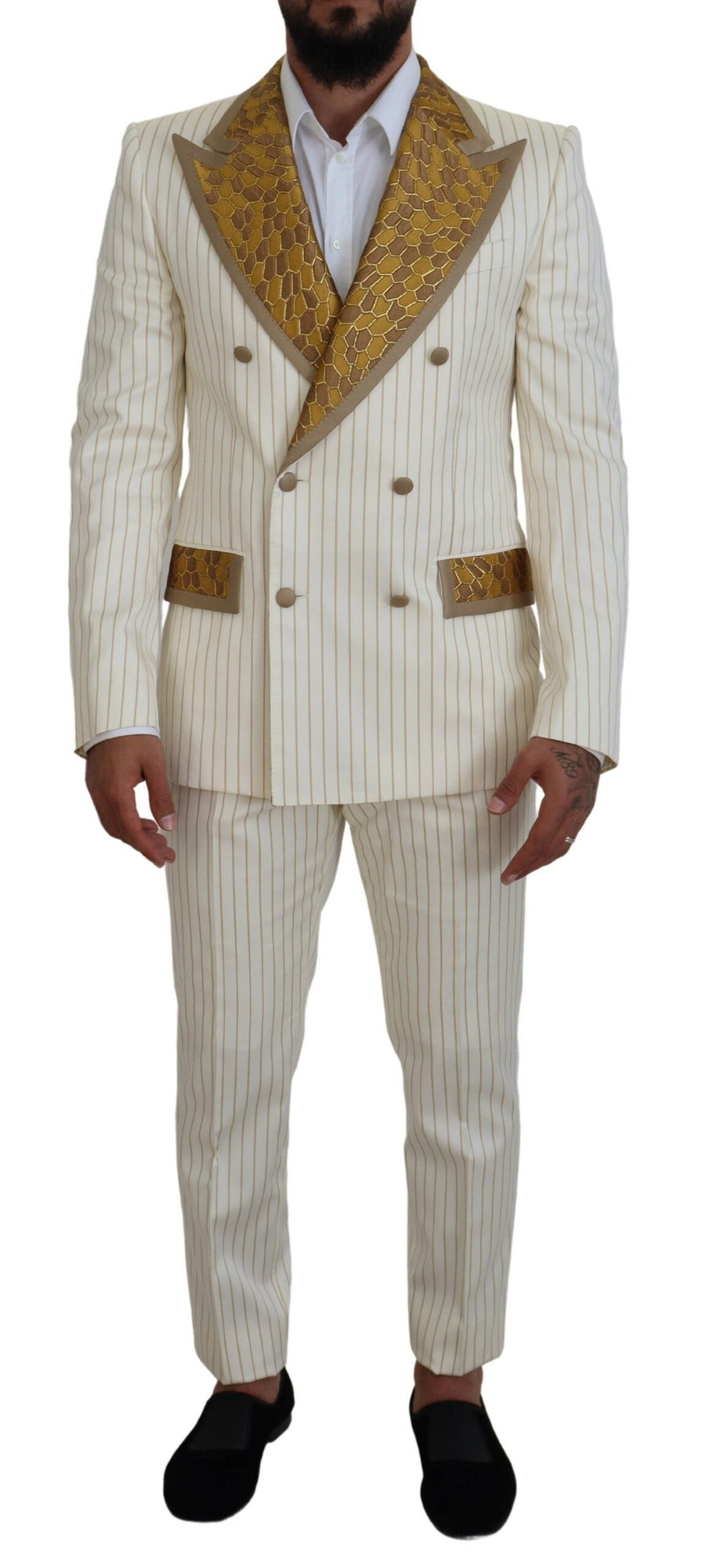 Dolce & Gabbana – Smokinganzug in gebrochenem Weiß und Gold mit Streifen im Slim Fit