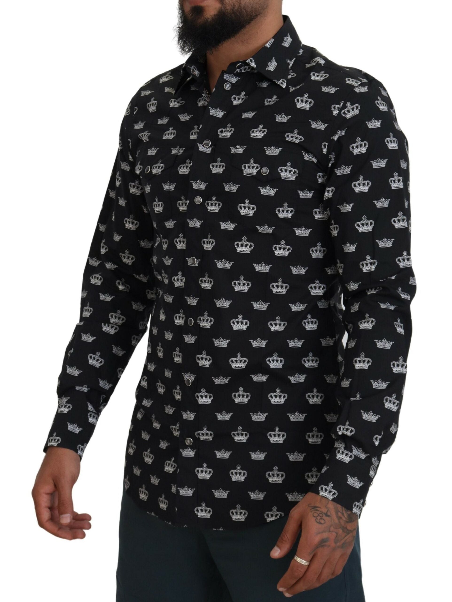 Dolce &amp; Gabbana – Schmales Hemd mit schwarzem Kronenprint und GOLD