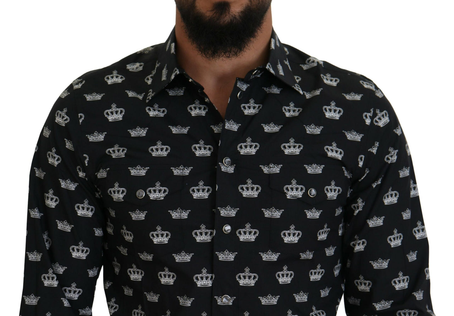 Dolce &amp; Gabbana – Schmales Hemd mit schwarzem Kronenprint und GOLD