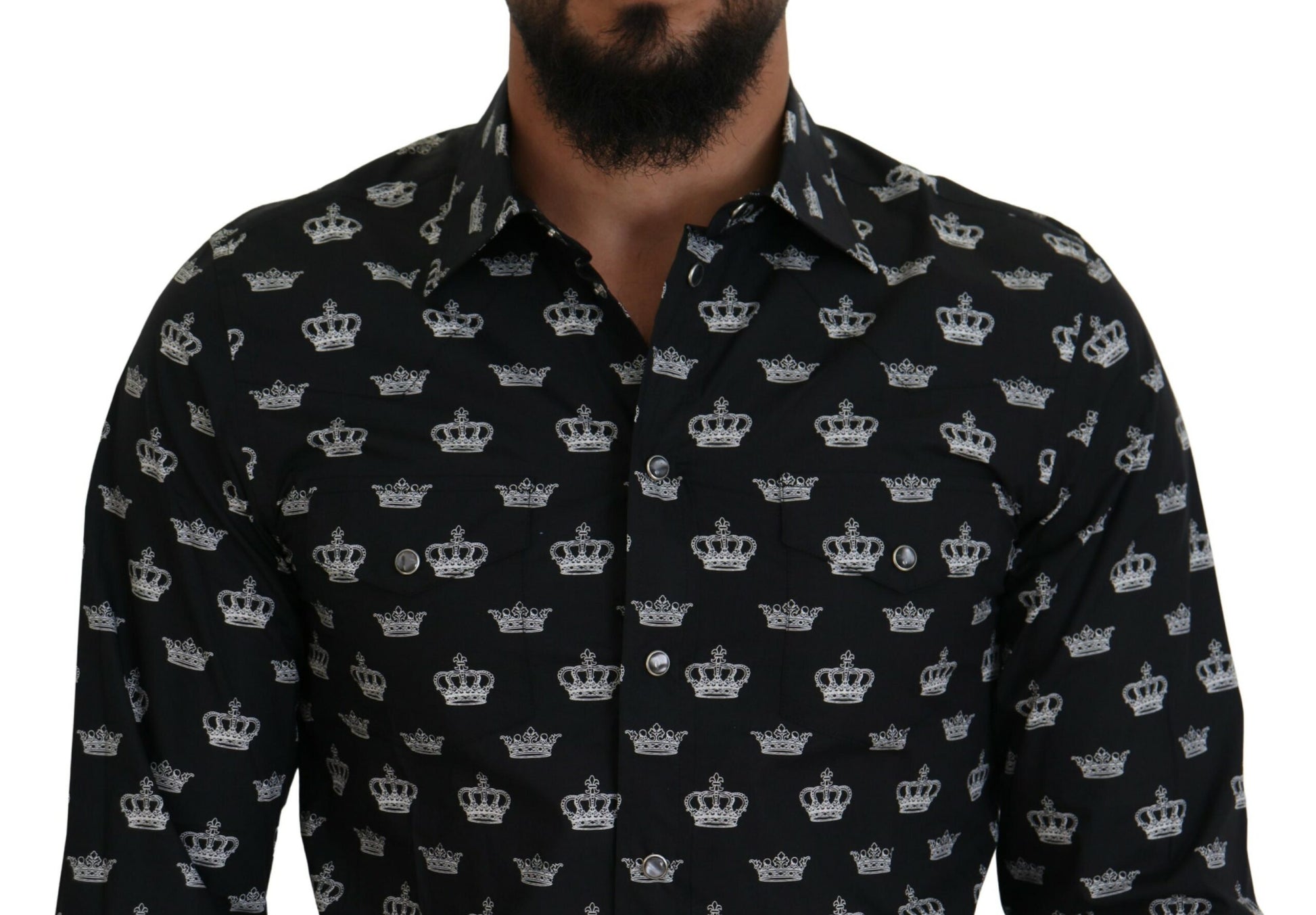 Dolce &amp; Gabbana – Schmales Hemd mit schwarzem Kronenprint und GOLD