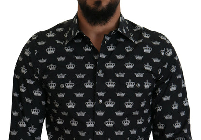 Dolce &amp; Gabbana – Schmales Hemd mit schwarzem Kronenprint und GOLD