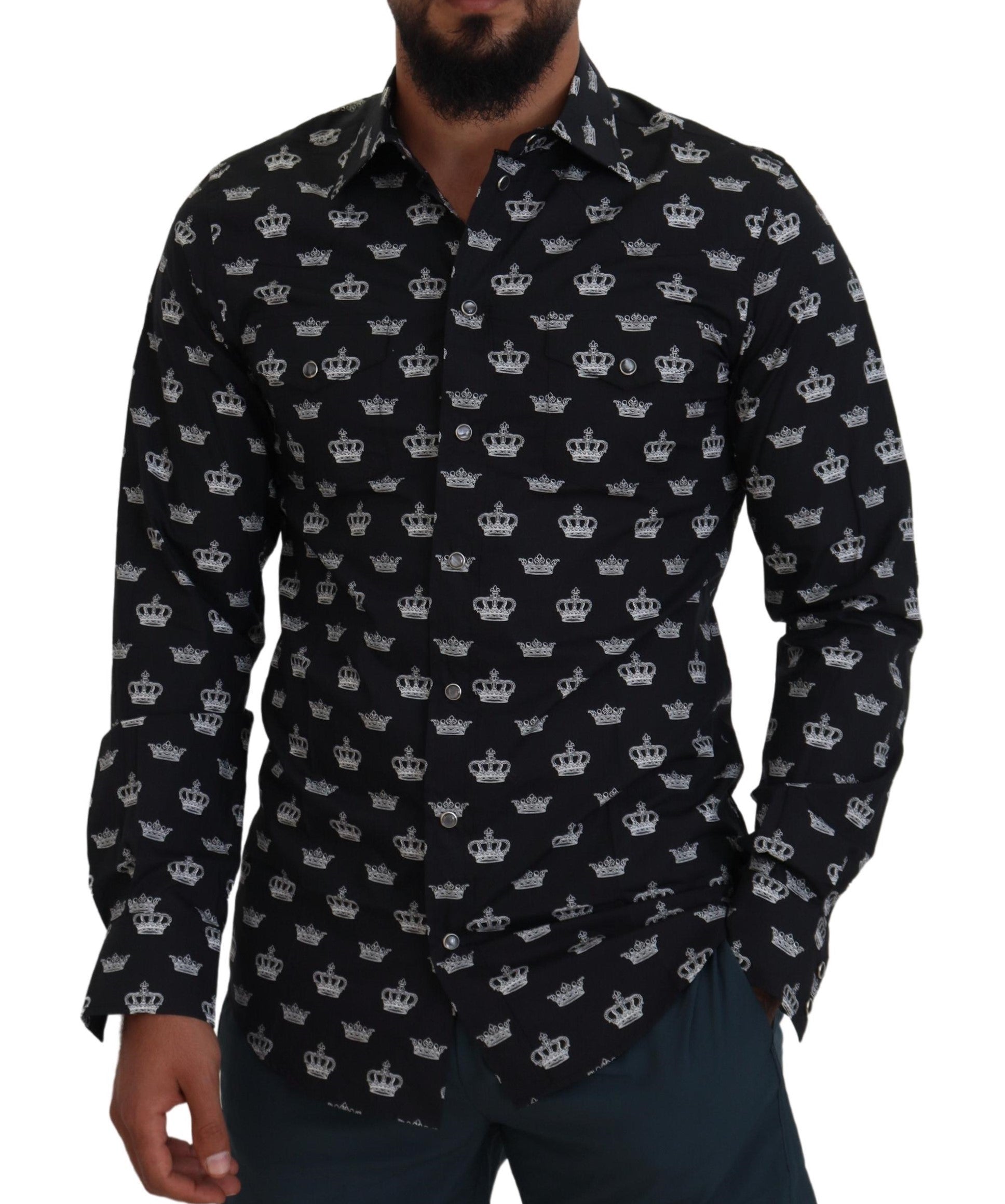 Dolce &amp; Gabbana – Schmales Hemd mit schwarzem Kronenprint und GOLD