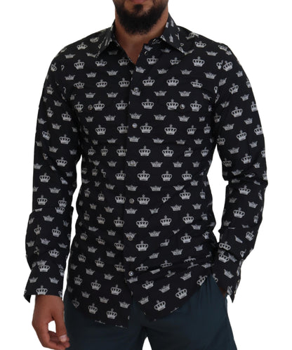 Dolce &amp; Gabbana – Schmales Hemd mit schwarzem Kronenprint und GOLD