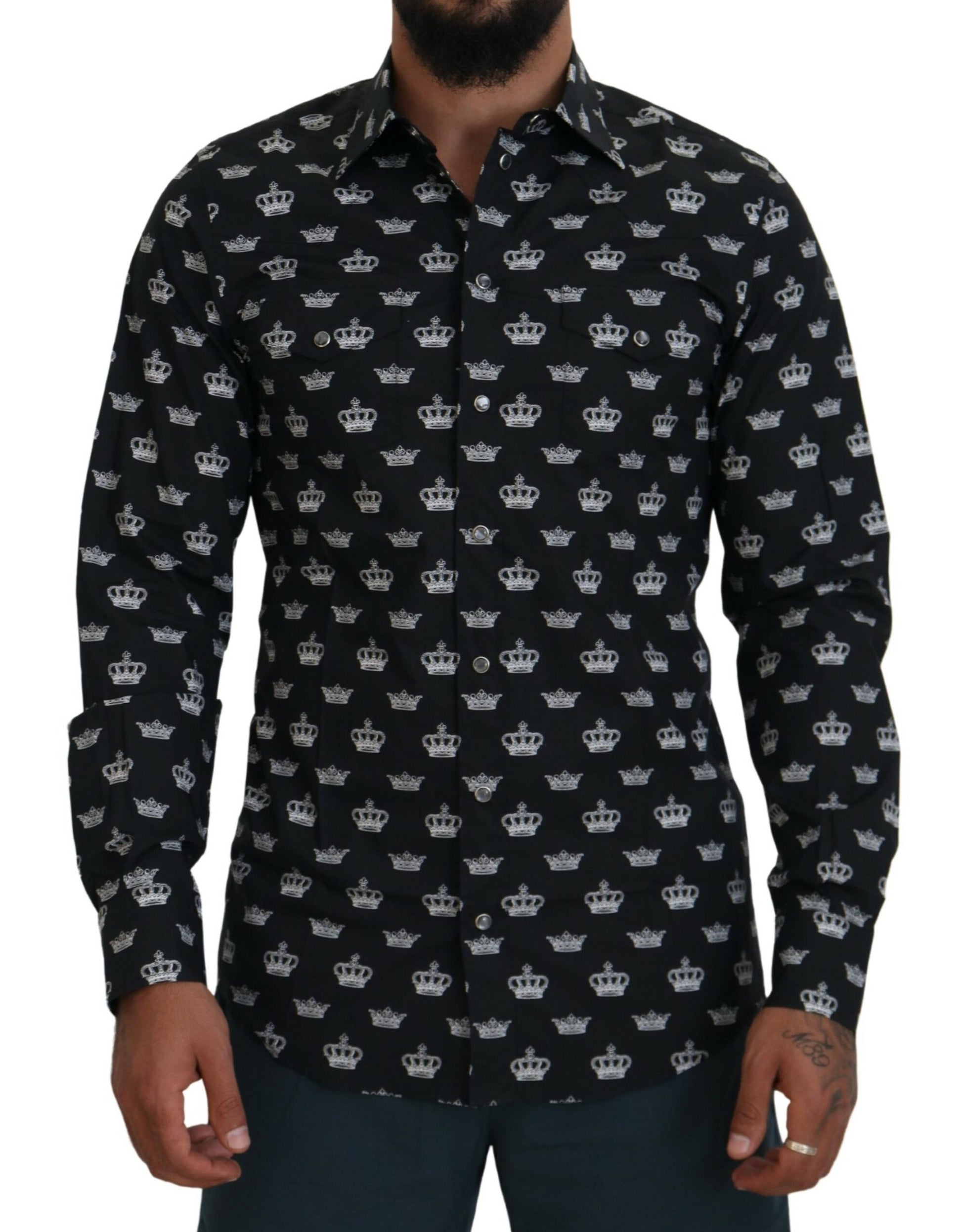Dolce &amp; Gabbana – Schmales Hemd mit schwarzem Kronenprint und GOLD