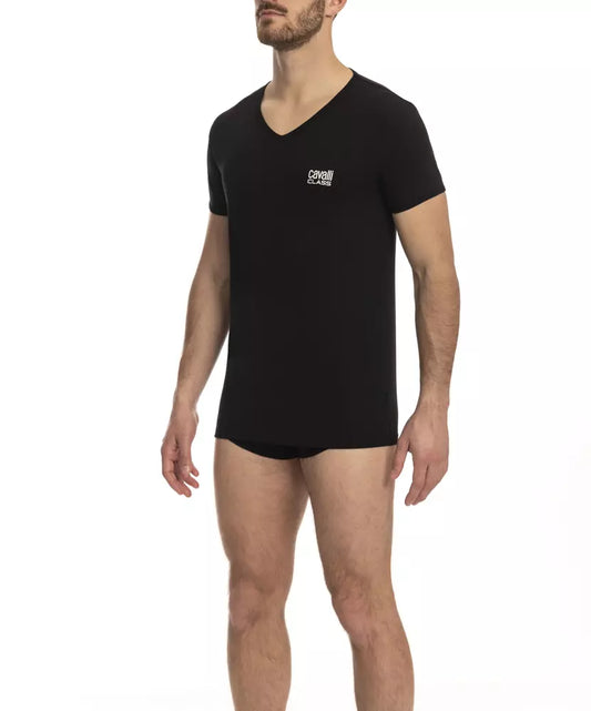 Cavalli Class „Schwarzes Herren-T-Shirt aus Baumwolle mit V-Ausschnitt“