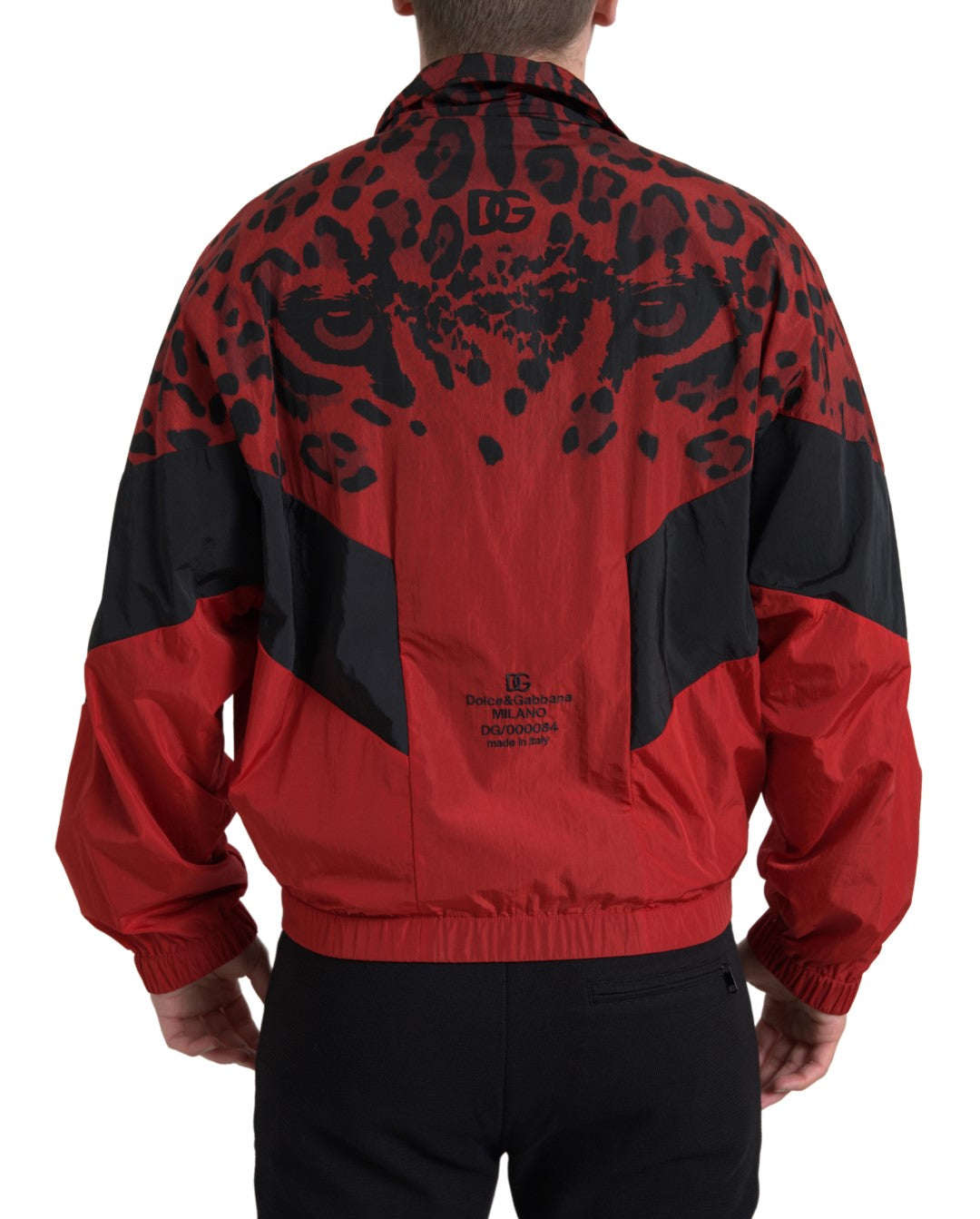 Dolce &amp; Gabbana Roter Nylonpullover mit durchgehendem Reißverschluss und Leopardenmuster