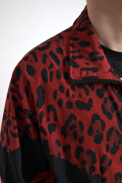 Dolce &amp; Gabbana Roter Nylonpullover mit durchgehendem Reißverschluss und Leopardenmuster