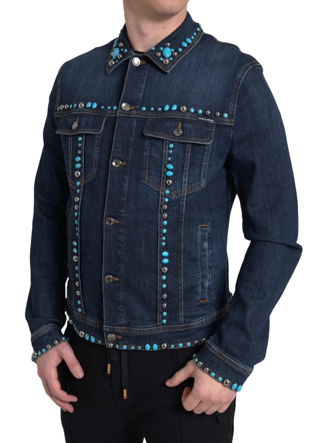 Dolce &amp; Gabbana – Blaue Jeansjacke mit türkisfarbenen Steinen und Nieten