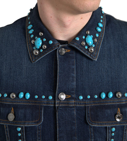 Dolce &amp; Gabbana – Blaue Jeansjacke mit türkisfarbenen Steinen und Nieten
