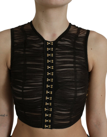 Dolce &amp; Gabbana – Kurzes Oberteil aus Nylon-Stretch mit Verzierung in Braun