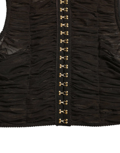 Dolce &amp; Gabbana – Kurzes Oberteil aus Nylon-Stretch mit Verzierung in Braun