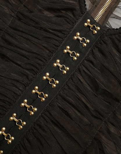 Dolce &amp; Gabbana – Kurzes Oberteil aus Nylon-Stretch mit Verzierung in Braun