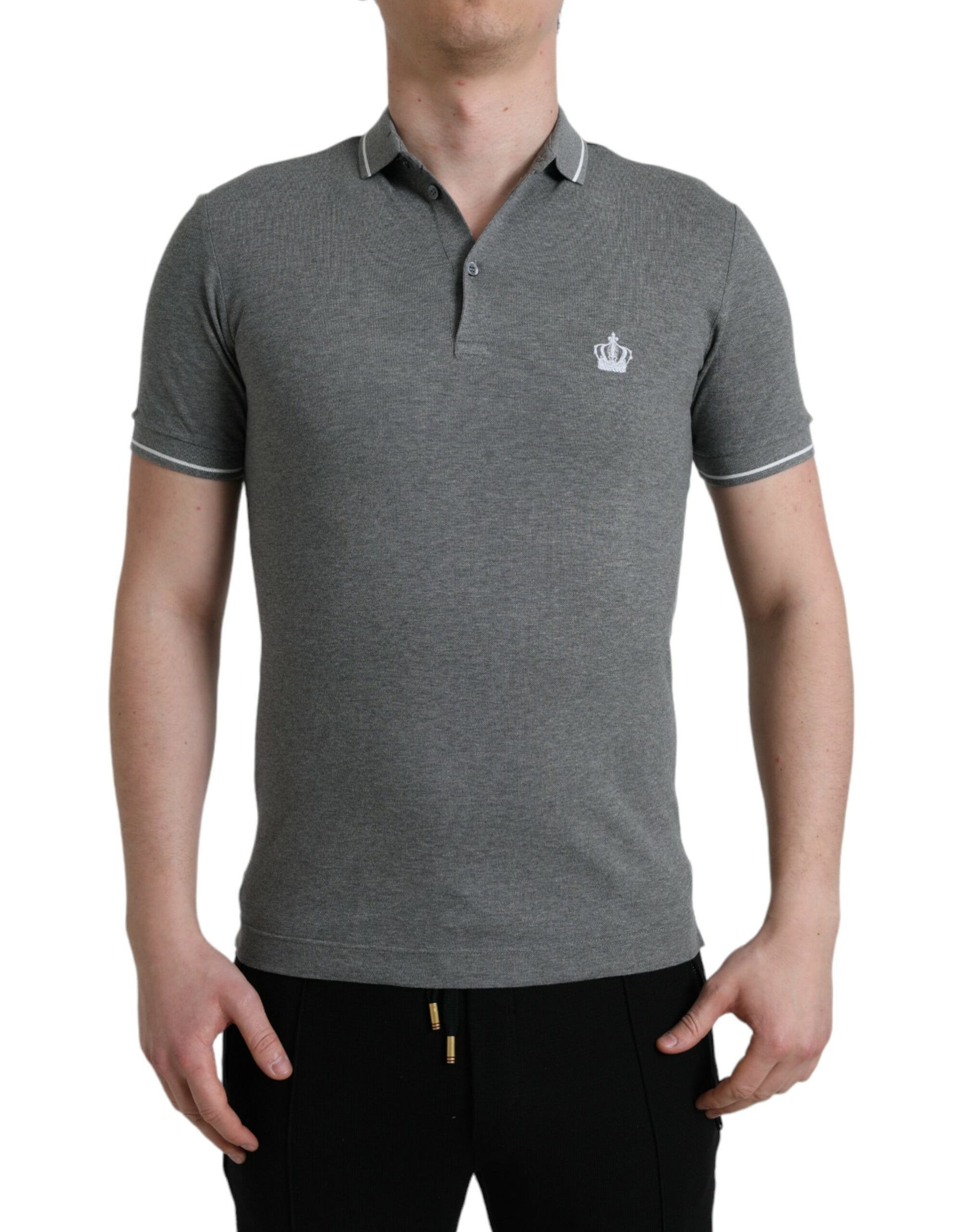 Dolce &amp; Gabbana – Graues T-Shirt mit Kragen und kurzen Ärmeln und Krone