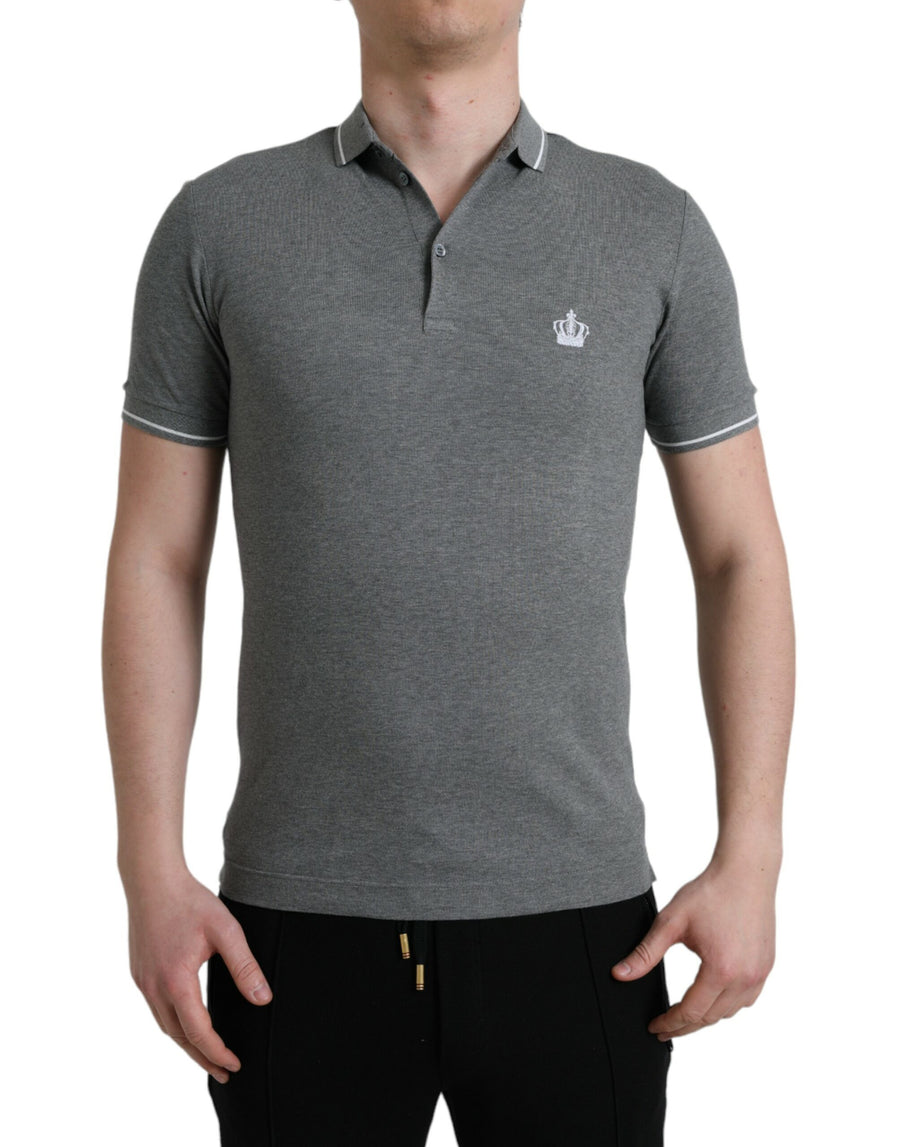 Dolce & Gabbana – Graues T-Shirt mit Kragen und kurzen Ärmeln und Krone