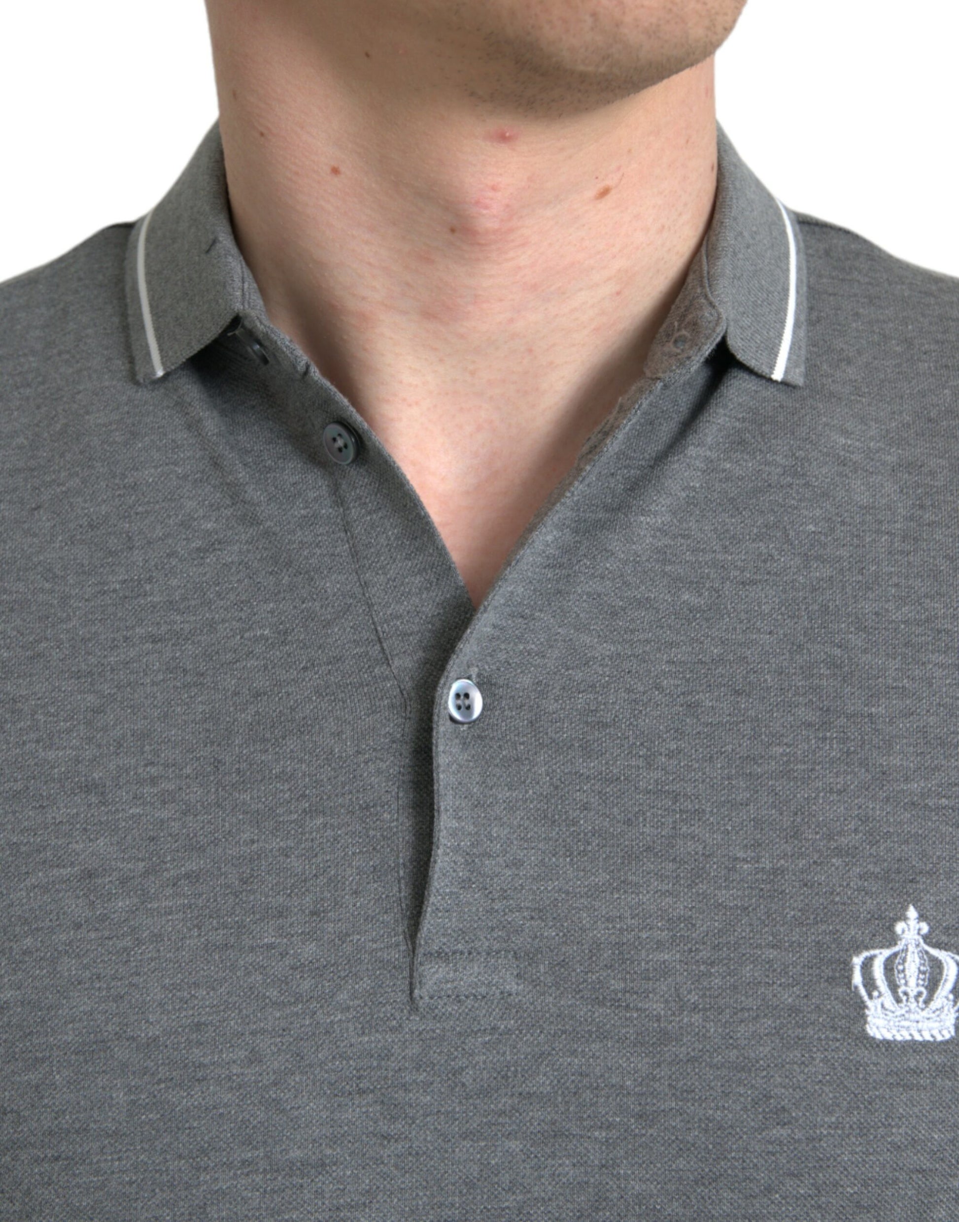 Dolce &amp; Gabbana – Graues T-Shirt mit Kragen und kurzen Ärmeln und Krone