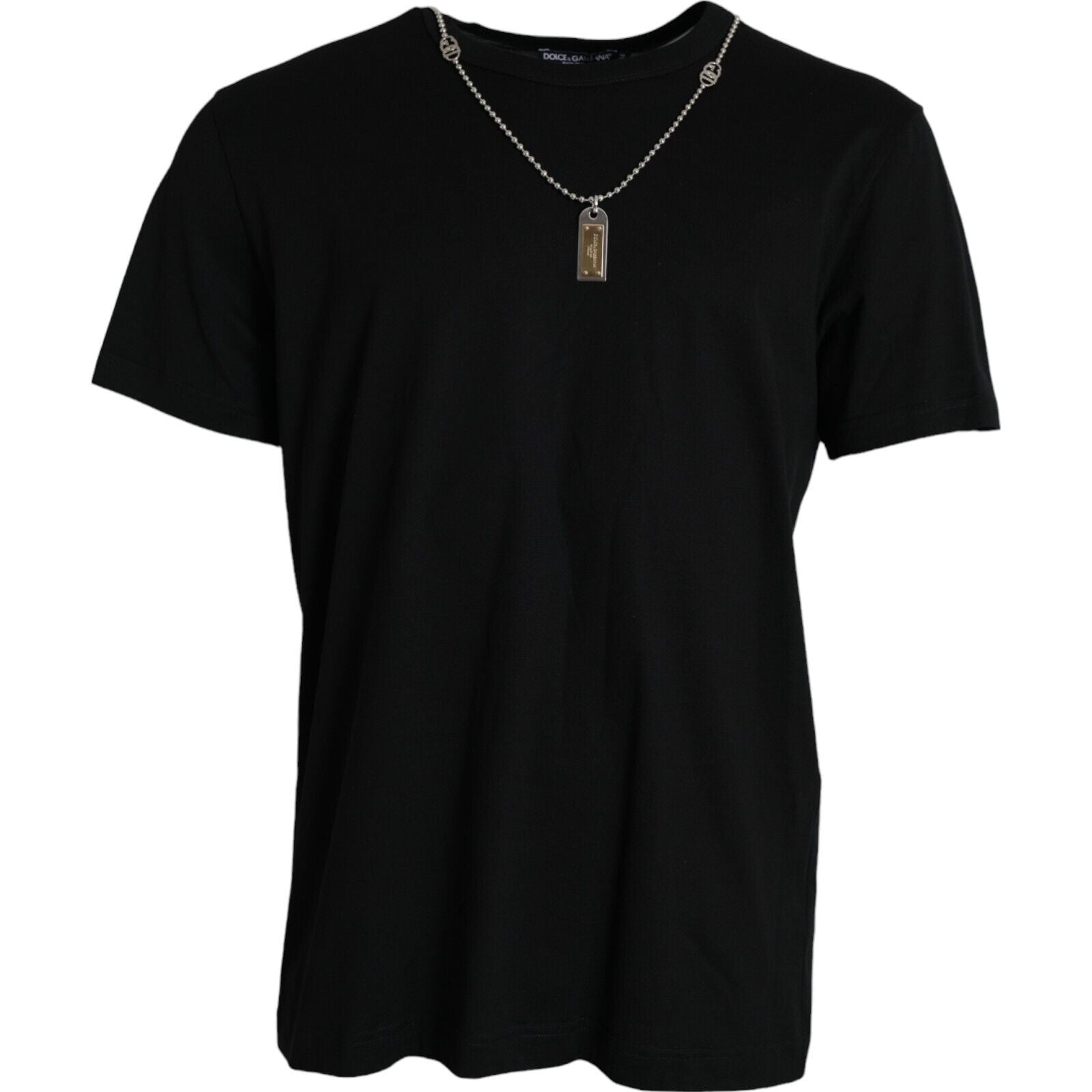 Dolce &amp; Gabbana – Schwarzes, kurzärmliges T-Shirt mit silberner Kette