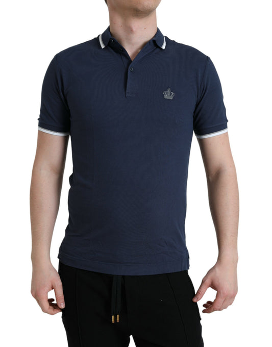Dolce & Gabbana – Blaues Poloshirt aus Baumwolle mit Kronenaufnäher und Kragen für Herren