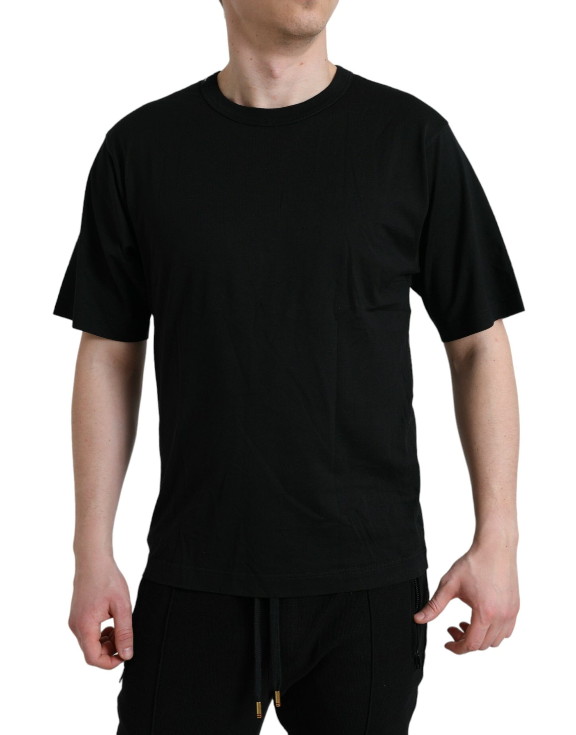 Dolce &amp; Gabbana – Schwarzes T-Shirt mit Rundhalsausschnitt und kurzen Ärmeln und geprägtem Logo