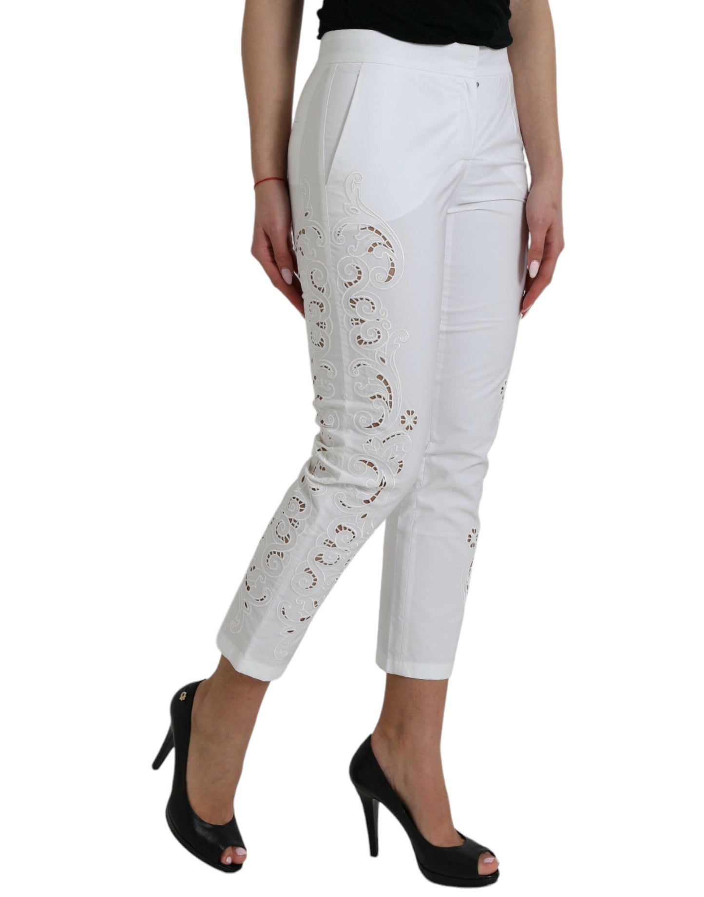 Dolce & Gabbana White Cut Out Cotton Mid Waist Cropped Pants