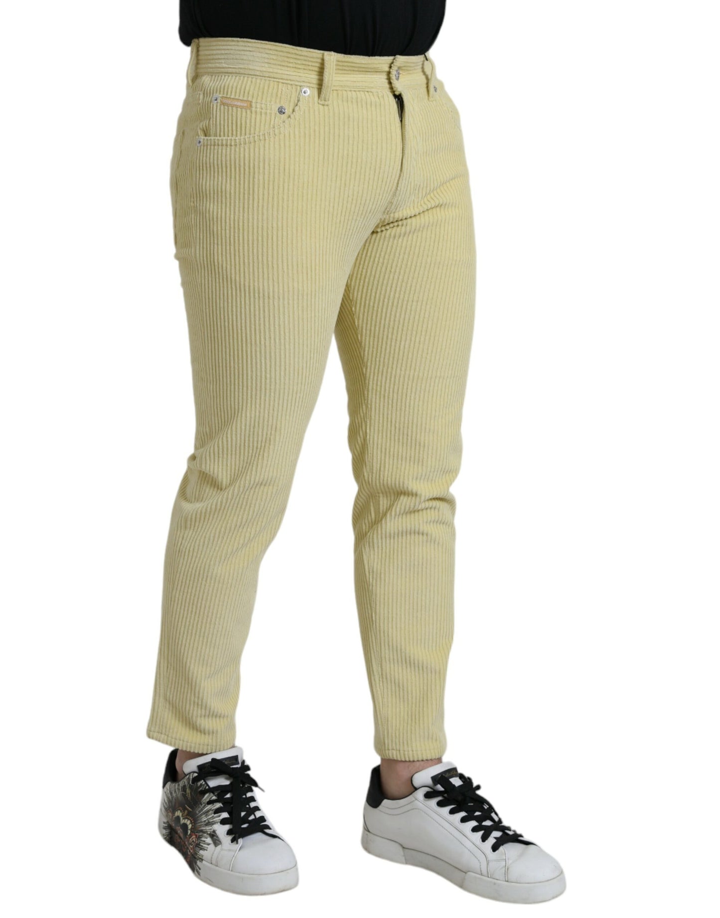 Dolce &amp; Gabbana – Gelbe Skinny-Jeans aus Cord mit Logo-Plakette