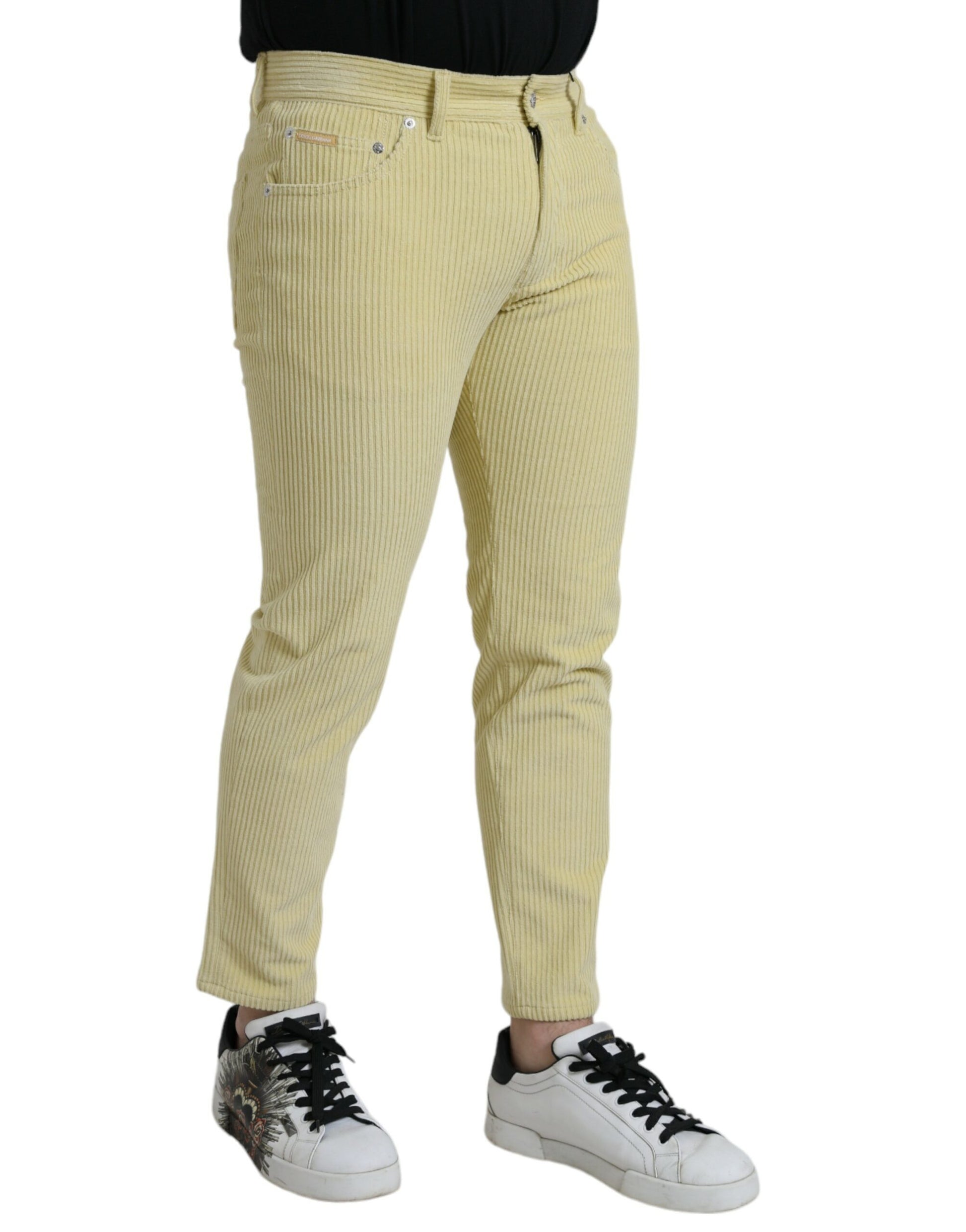 Dolce &amp; Gabbana – Gelbe Skinny-Jeans aus Cord mit Logo-Plakette
