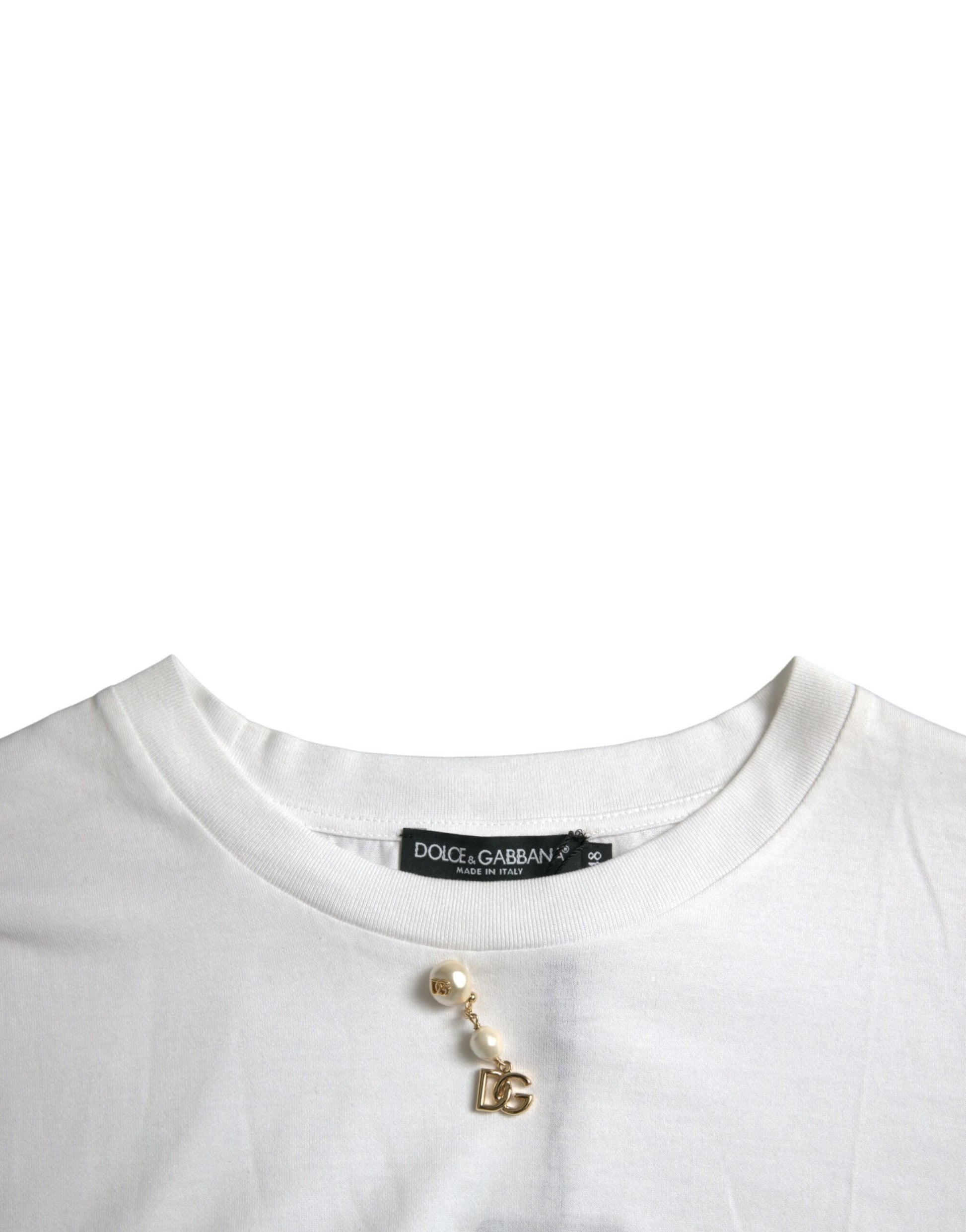 Dolce &amp; Gabbana – Weißes, verziertes Baumwoll-T-Shirt mit Rundhalsausschnitt
