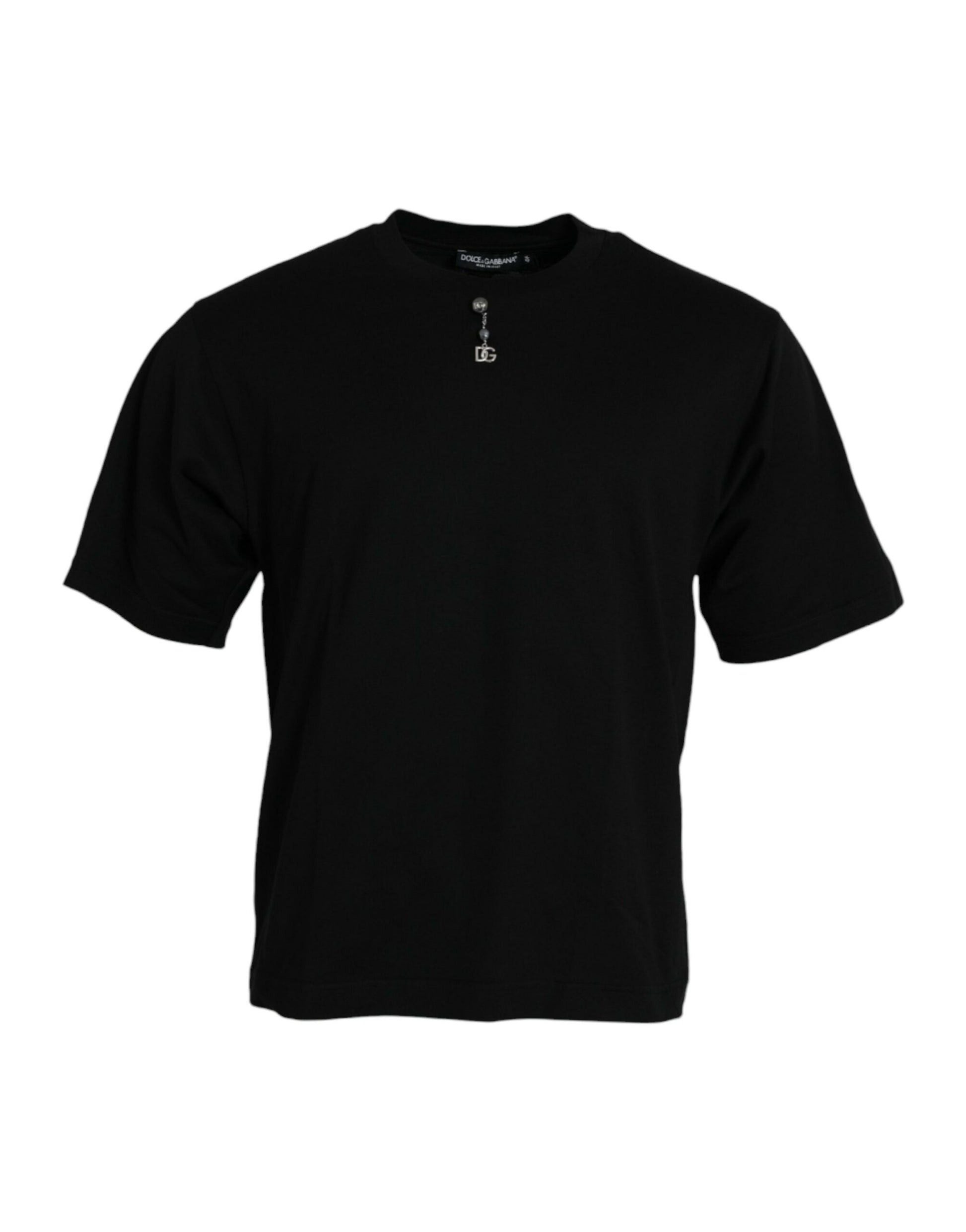Dolce &amp; Gabbana – Schwarzes, verziertes T-Shirt aus Baumwolle mit Rundhalsausschnitt