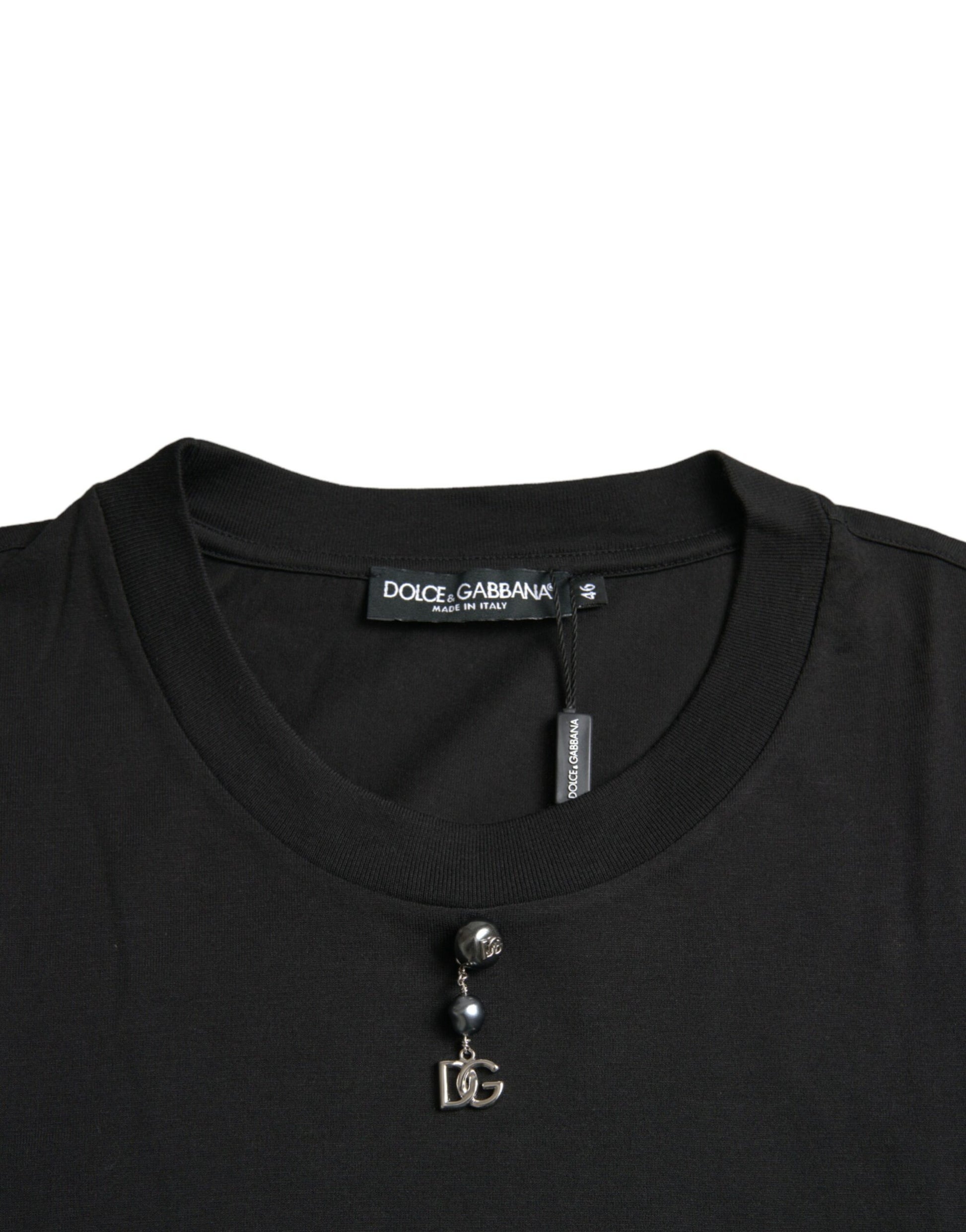 Dolce &amp; Gabbana – Schwarzes, verziertes T-Shirt aus Baumwolle mit Rundhalsausschnitt
