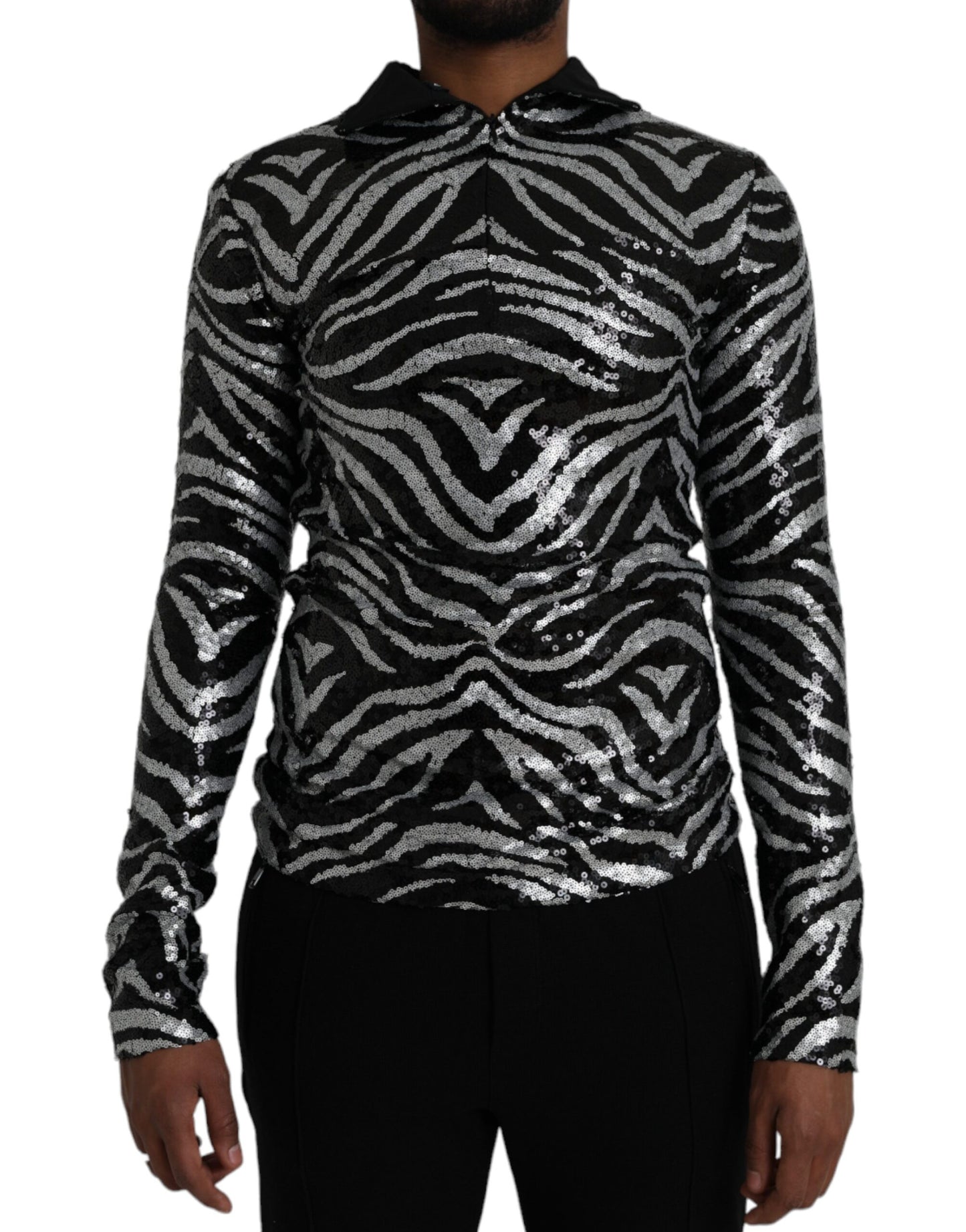 Dolce &amp; Gabbana Schwarz-silberner Polyesterpullover mit Pailletten
