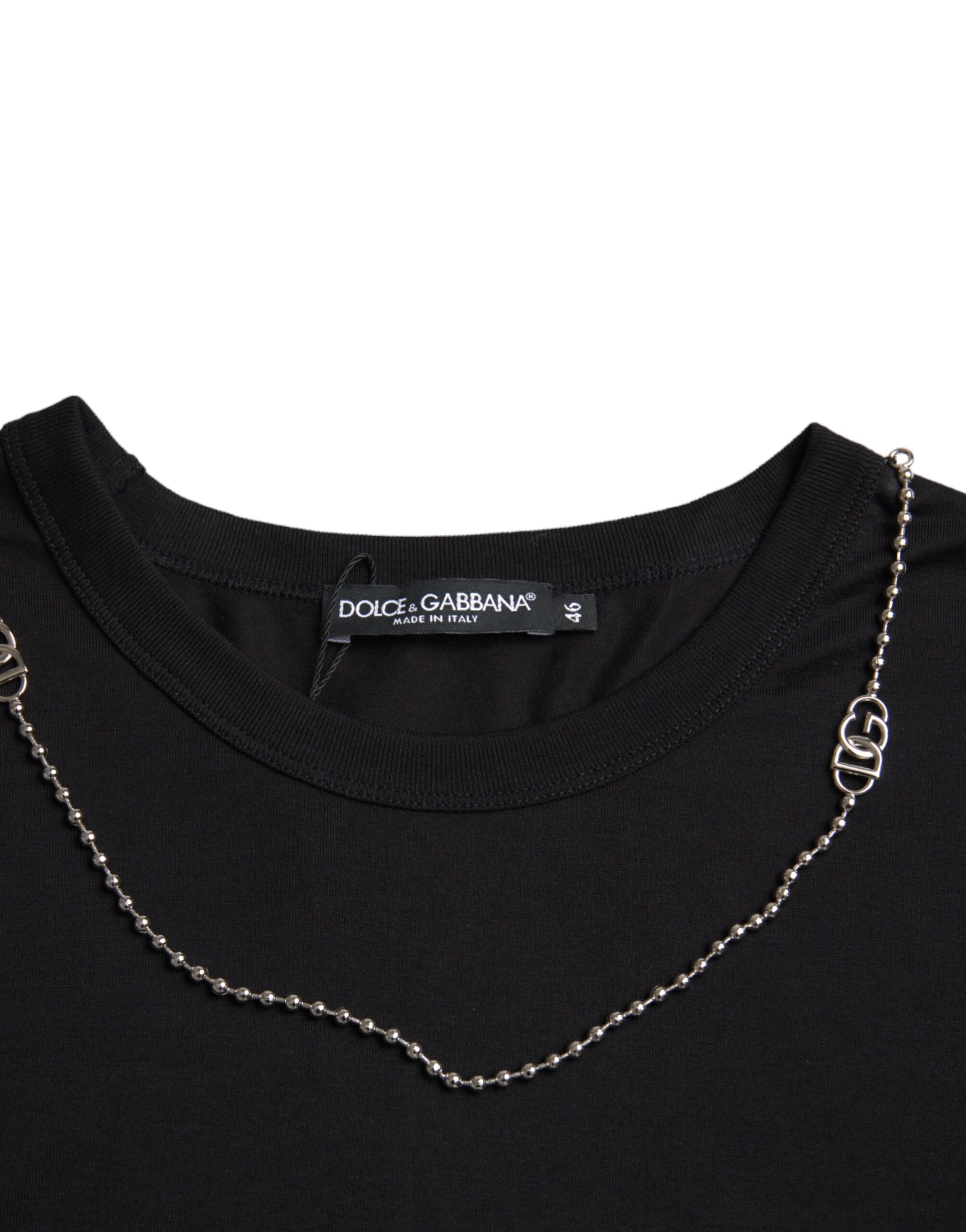 Dolce &amp; Gabbana – Schwarzes, kurzärmliges T-Shirt aus Baumwolle mit silberner Kette