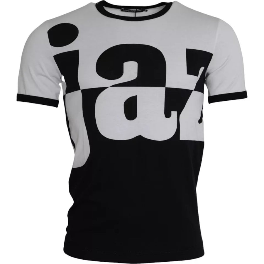 Dolce & Gabbana – Kurzärmliges Baumwoll-T-Shirt mit Jazz-Print in Schwarz und Weiß