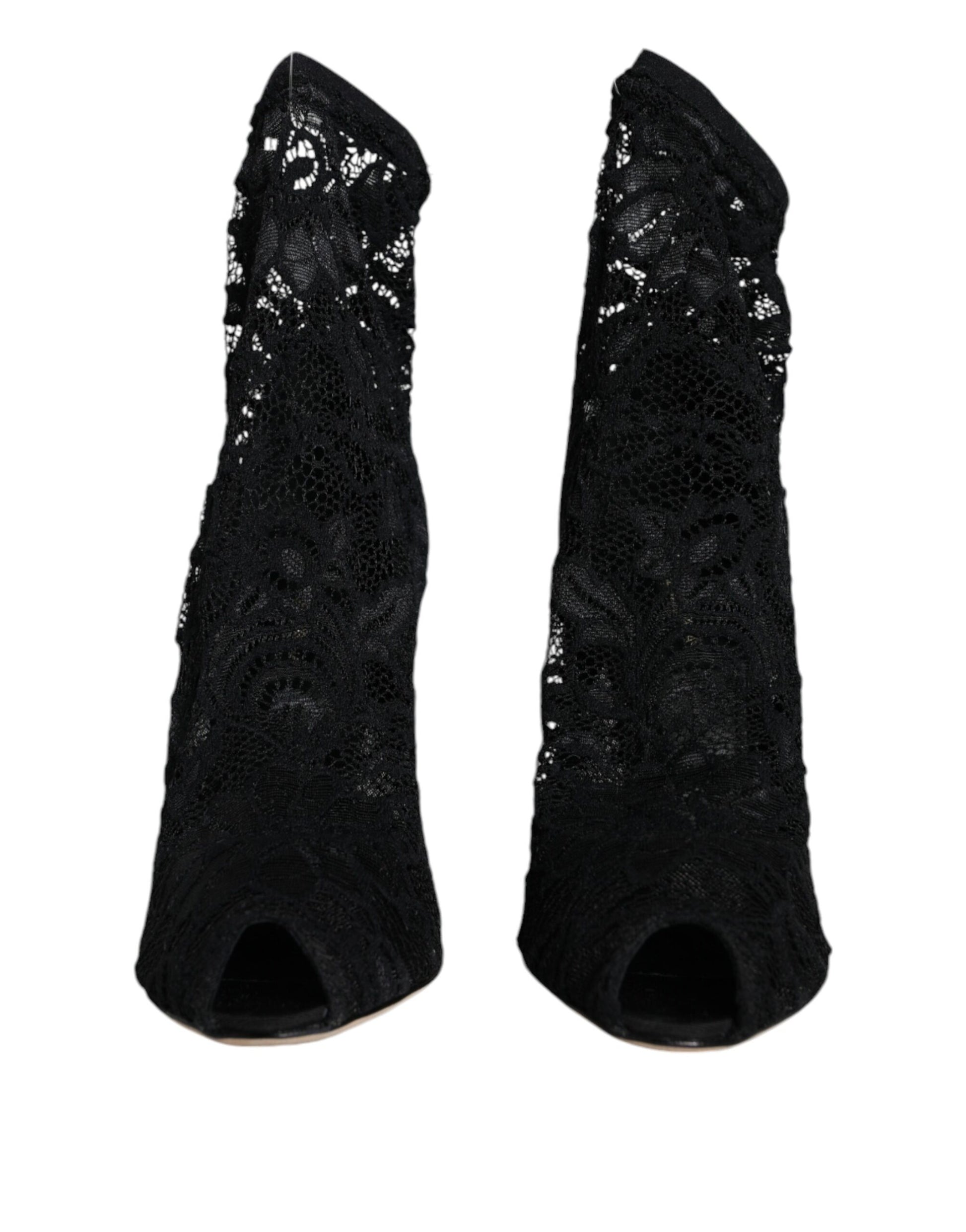 Dolce &amp; Gabbana – Wadenhohe Stiefel mit Stretch-Absatz und schwarzer Spitze