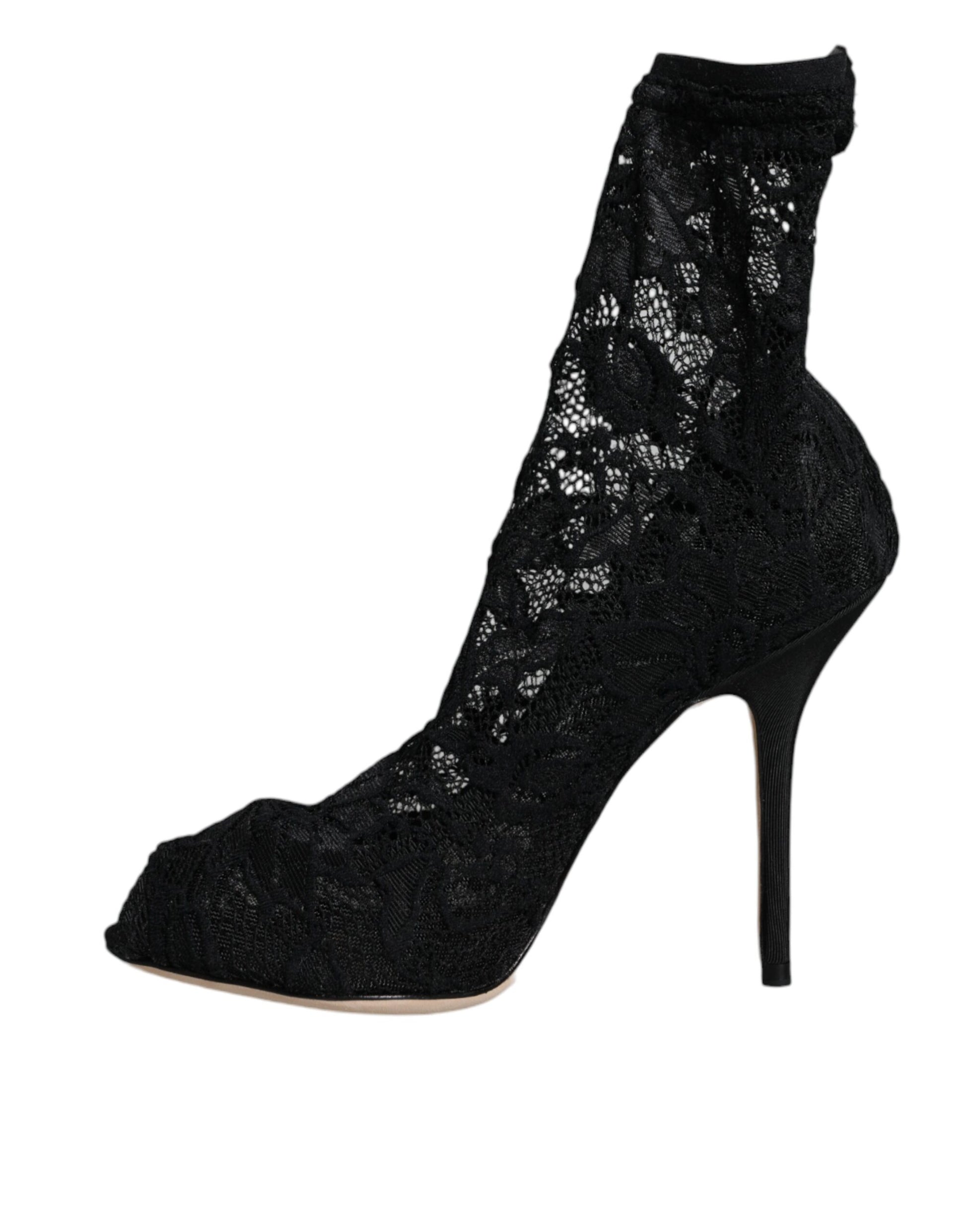 Dolce &amp; Gabbana – Wadenhohe Stiefel mit Stretch-Absatz und schwarzer Spitze