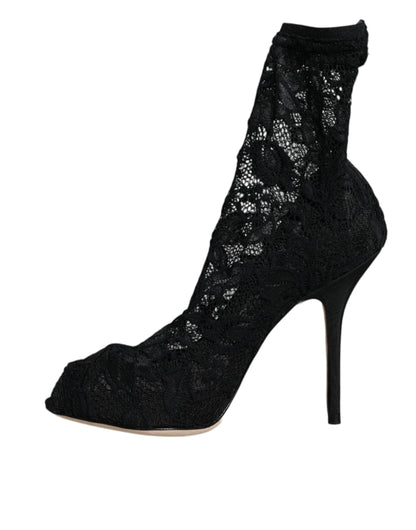 Dolce &amp; Gabbana – Wadenhohe Stiefel mit Stretch-Absatz und schwarzer Spitze