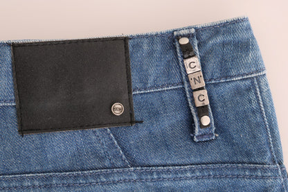 Costume National – Boyfriend-Jeans aus Baumwolle in blauer Waschung