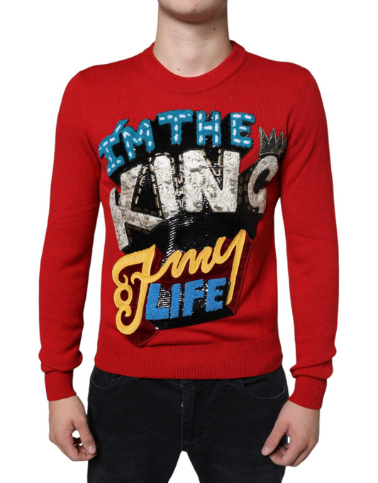 Dolce &amp; Gabbana Roter „I’m The King“-Sweatshirtpullover aus Wolle mit Rundhalsausschnitt