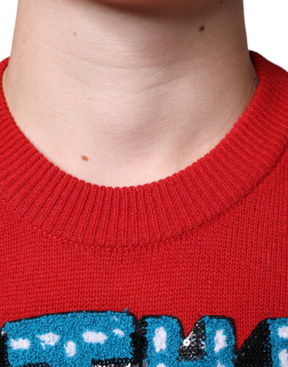 Dolce &amp; Gabbana Roter „I’m The King“-Sweatshirtpullover aus Wolle mit Rundhalsausschnitt