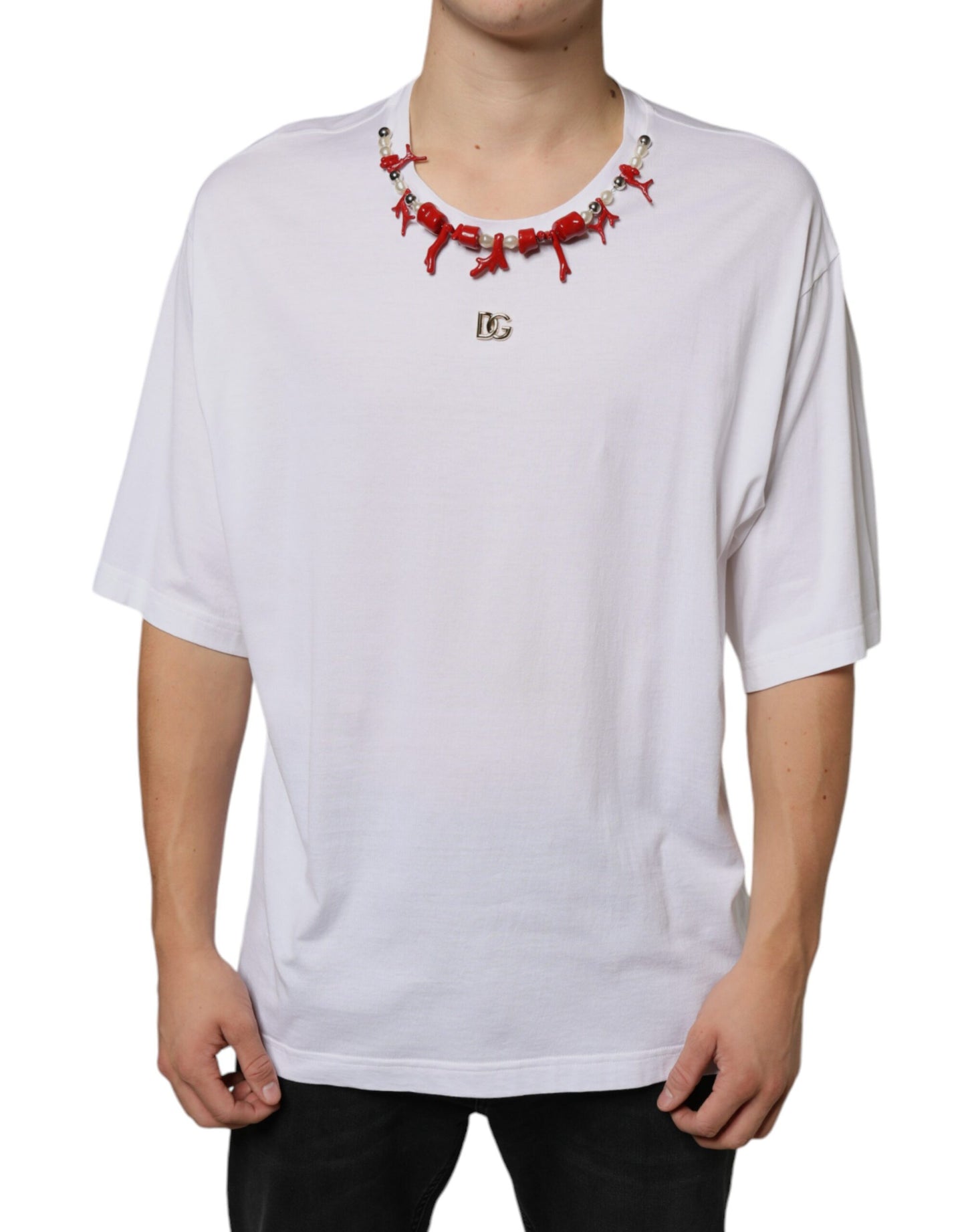 Dolce &amp; Gabbana – Weißes Baumwoll-T-Shirt mit Halskettenverzierung