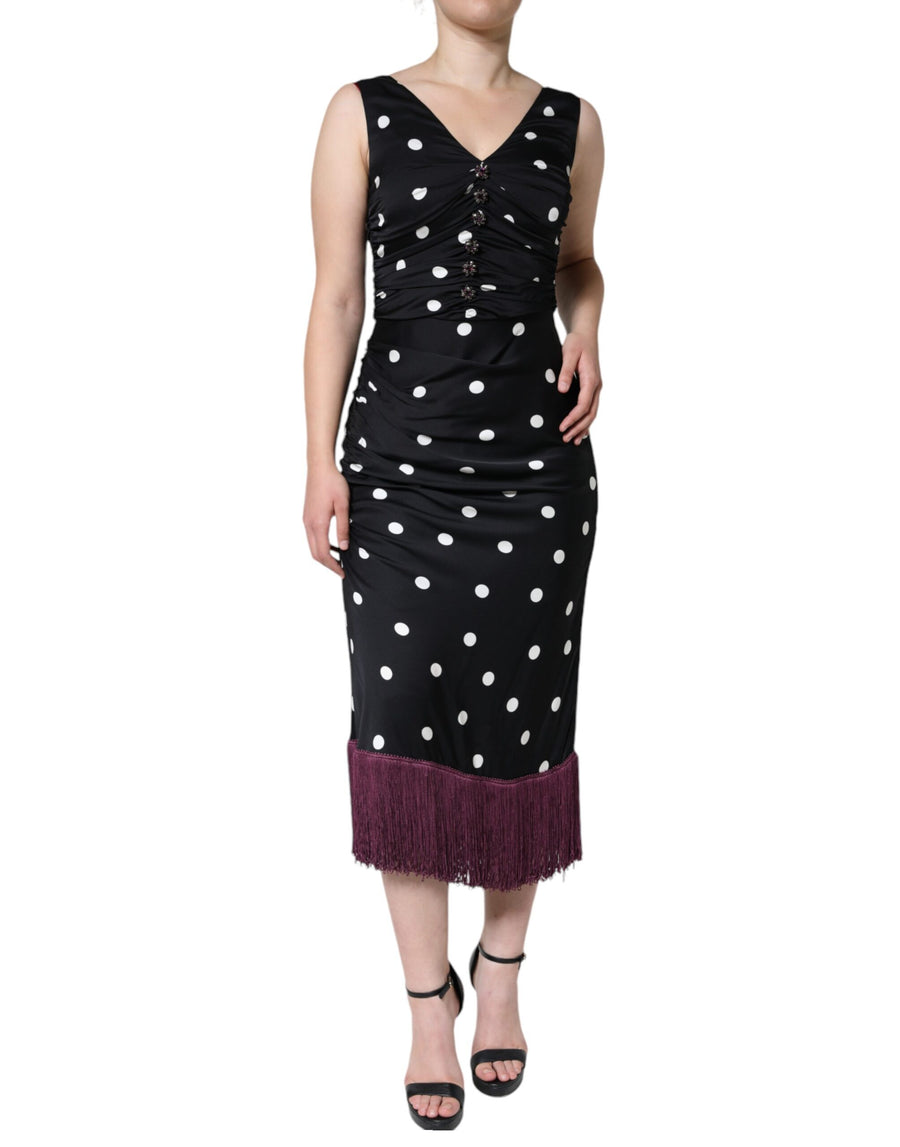 Dolce & Gabbana – Schwarzes Midikleid aus Seide mit V-Ausschnitt und Quasten und Punkten