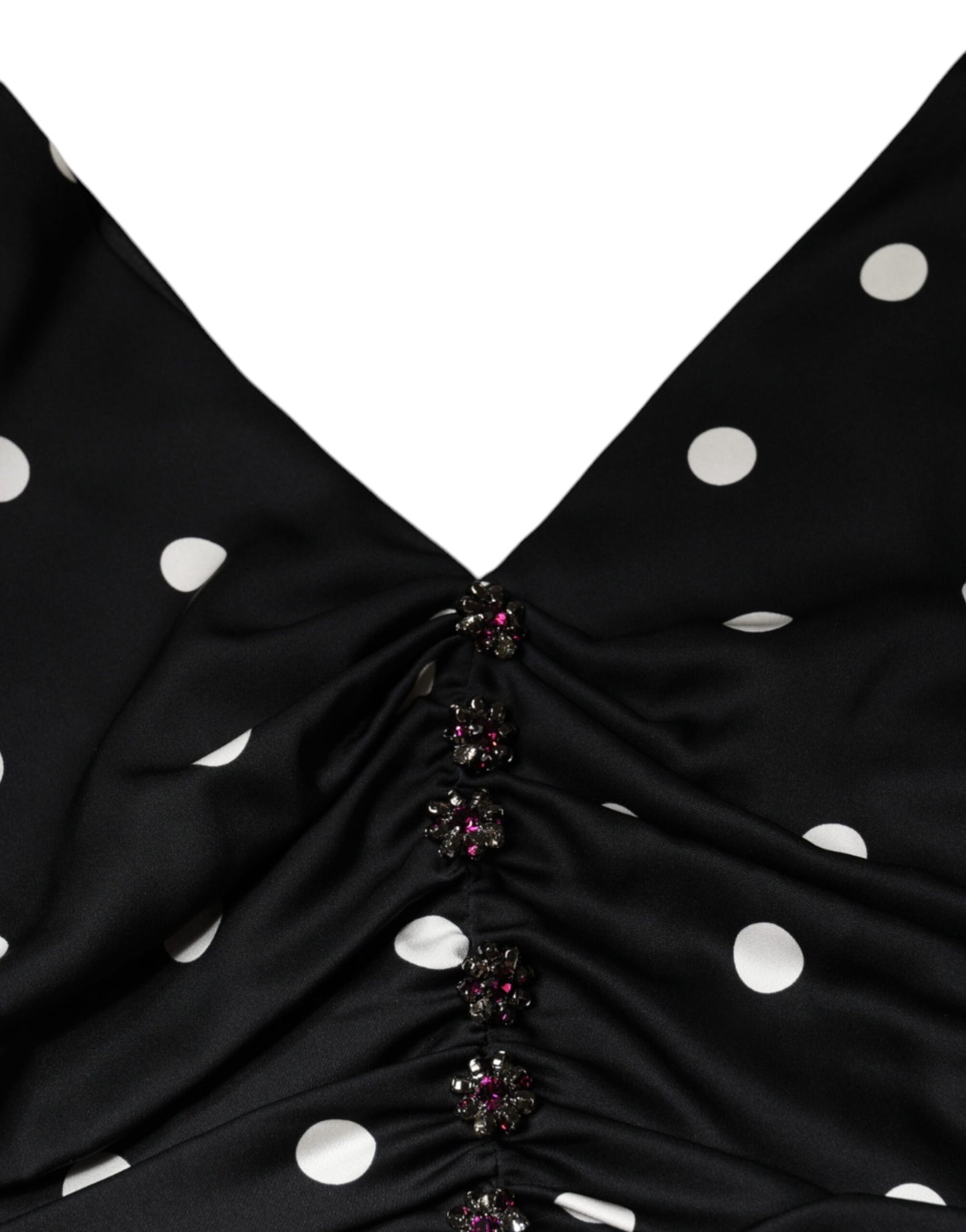 Dolce &amp; Gabbana – Schwarzes Midikleid aus Seide mit V-Ausschnitt und Quasten und Punkten