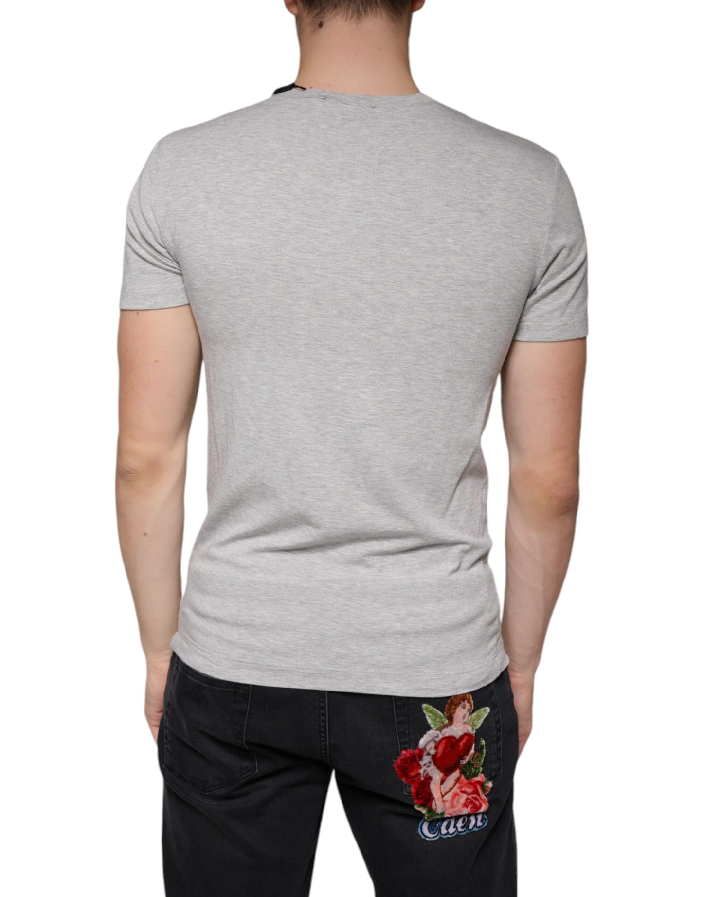 Dolce &amp; Gabbana – Graues T-Shirt mit Rundhalsausschnitt und kurzen Ärmeln und Logodruck