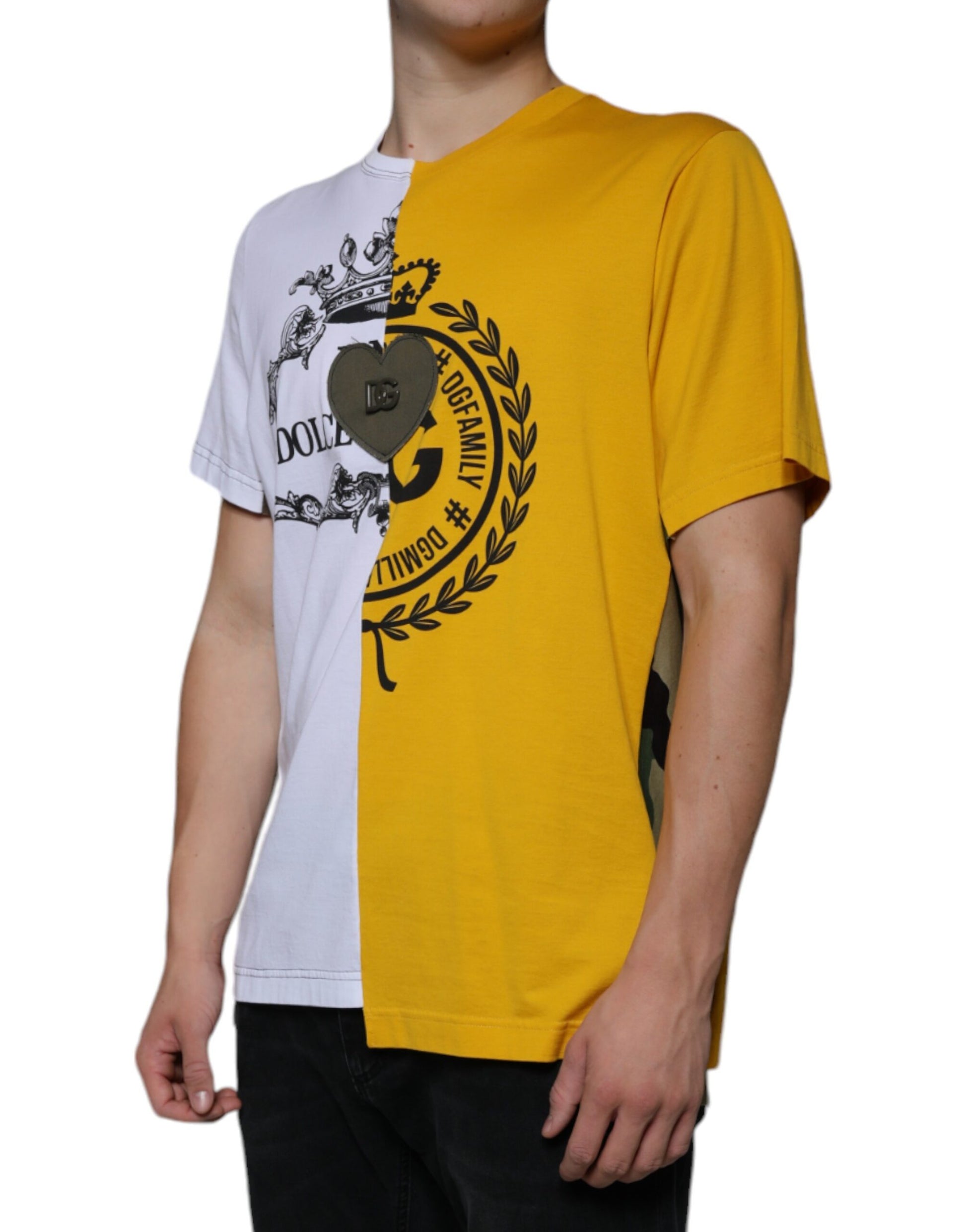 Dolce &amp; Gabbana – Kurzärmliges T-Shirt mit Logo-Print in Weiß und Gelb