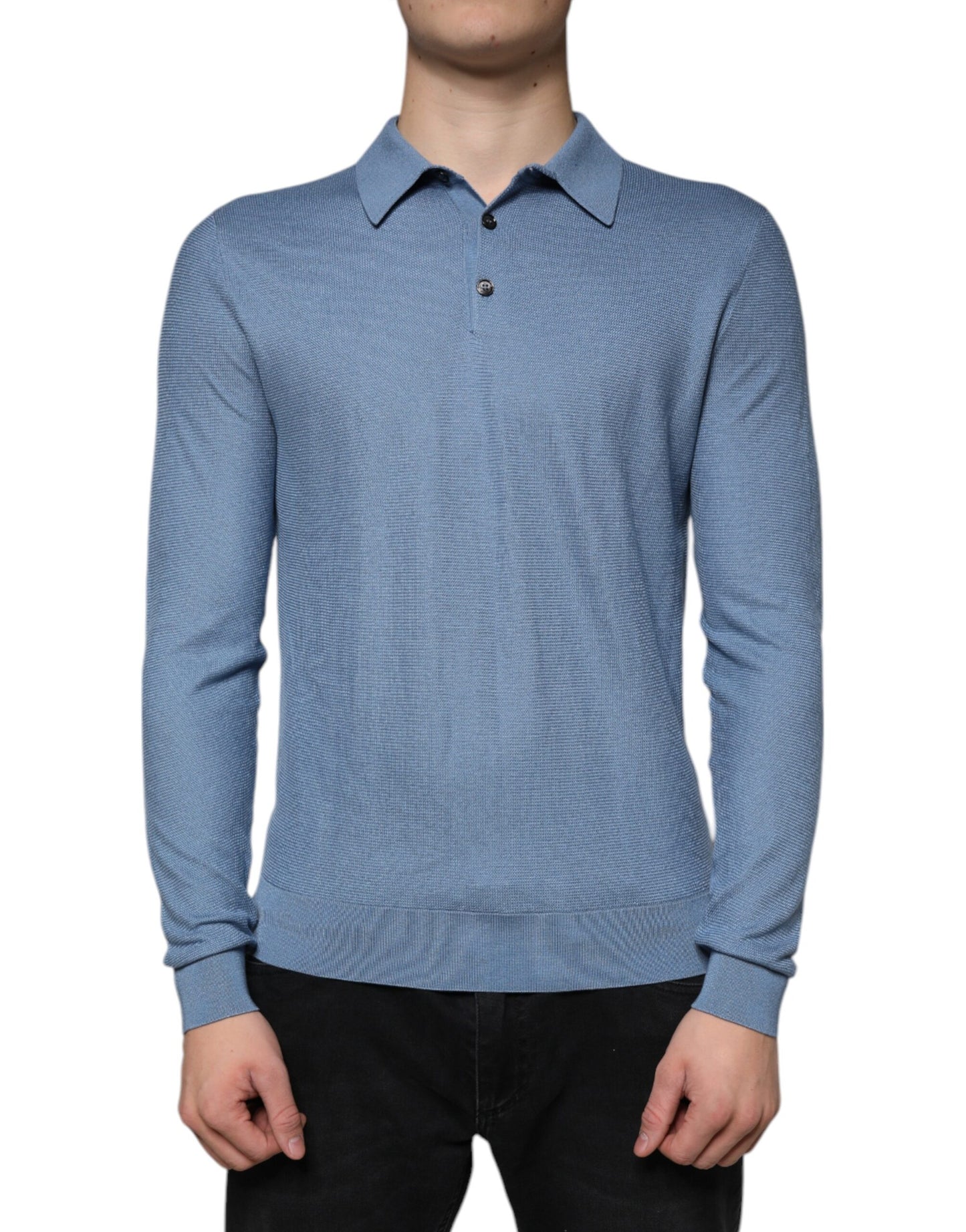 Dolce &amp; Gabbana Himmelblauer Seidenpullover mit Kragen für Herren