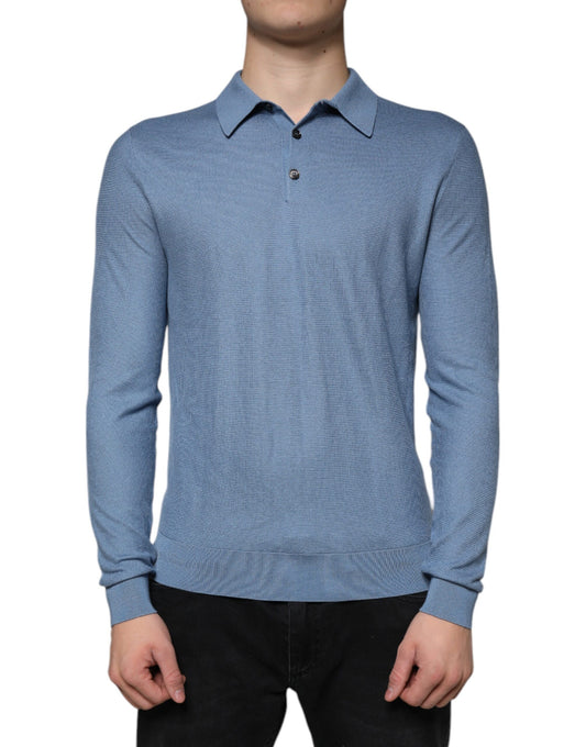 Dolce &amp; Gabbana Himmelblauer Seidenpullover mit Kragen für Herren