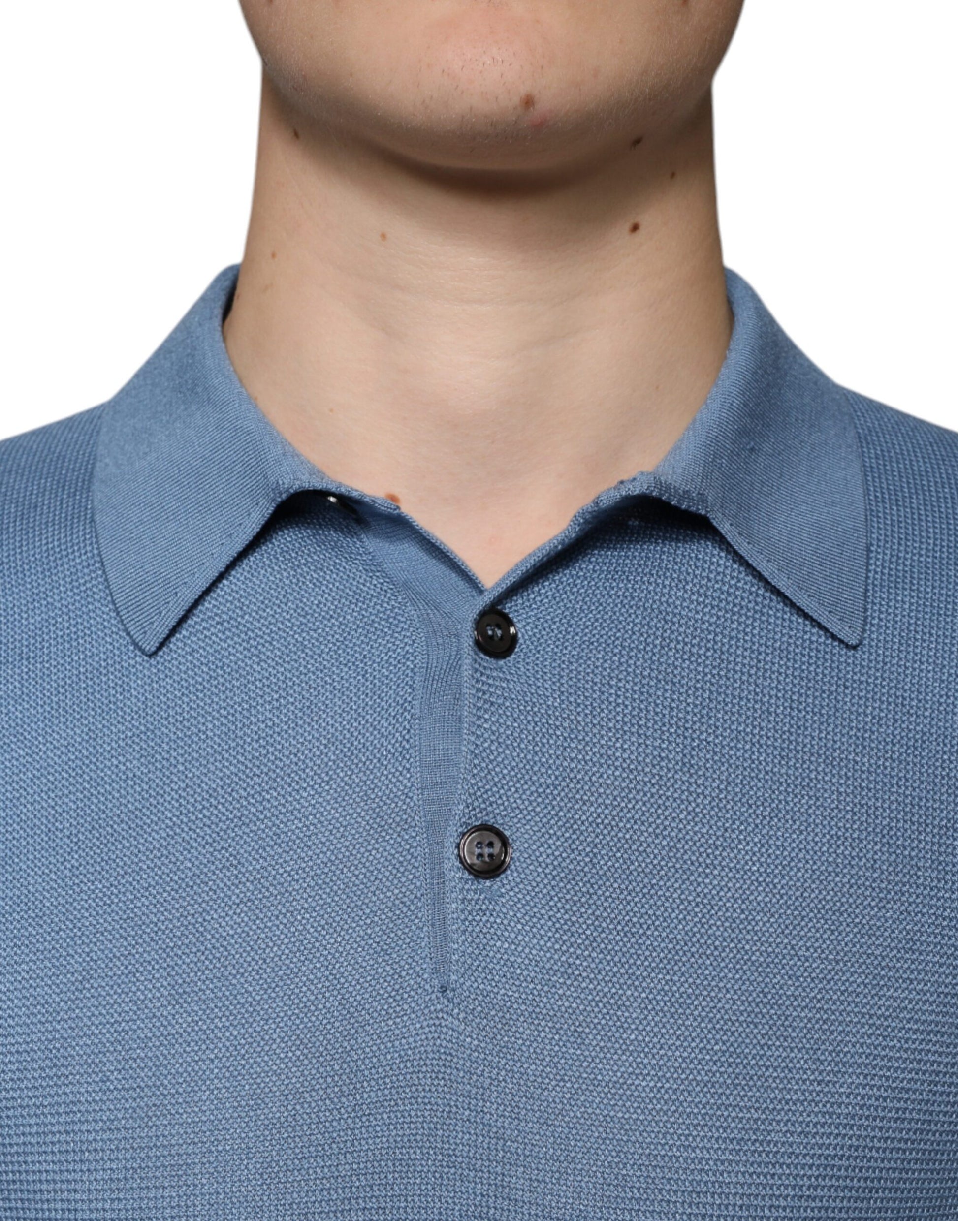 Dolce &amp; Gabbana Himmelblauer Seidenpullover mit Kragen für Herren
