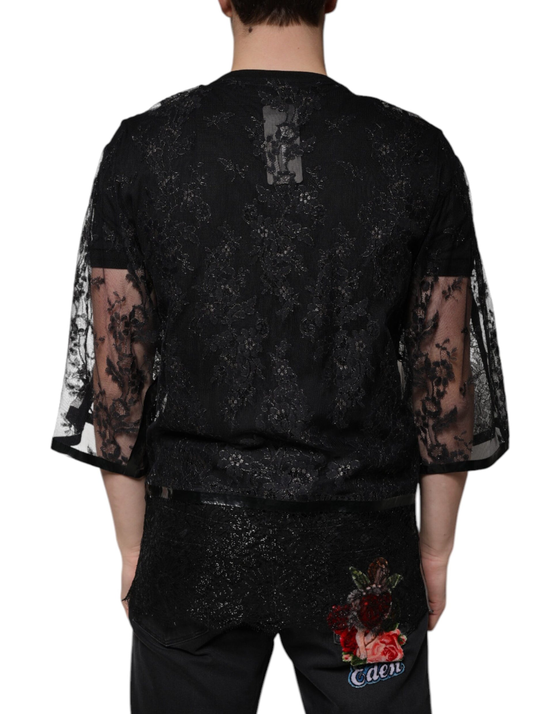 Dolce &amp; Gabbana – Schwarzes T-Shirt mit Rundhalsausschnitt aus Nylon mit Blumenspitze