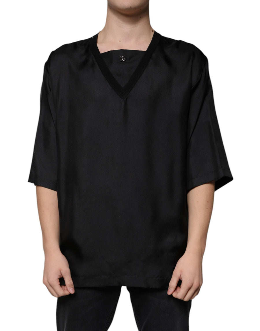 Dolce & Gabbana – Schwarzes, kurzärmliges T-Shirt aus Baumwolle mit quadratischem Ausschnitt
